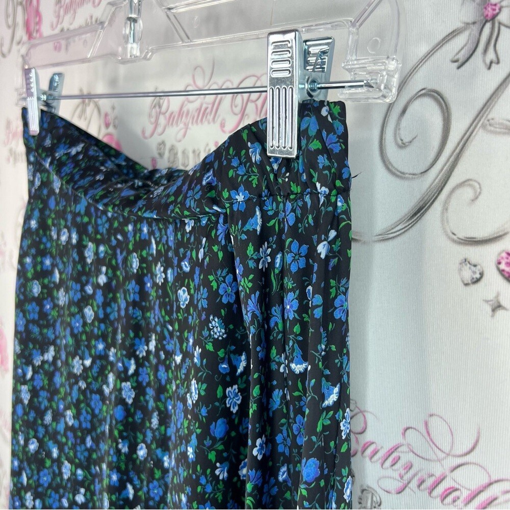 Zara long maxi flowers black Floral Blue Skirt green lace trim bottom hem - Picture 6 of 13